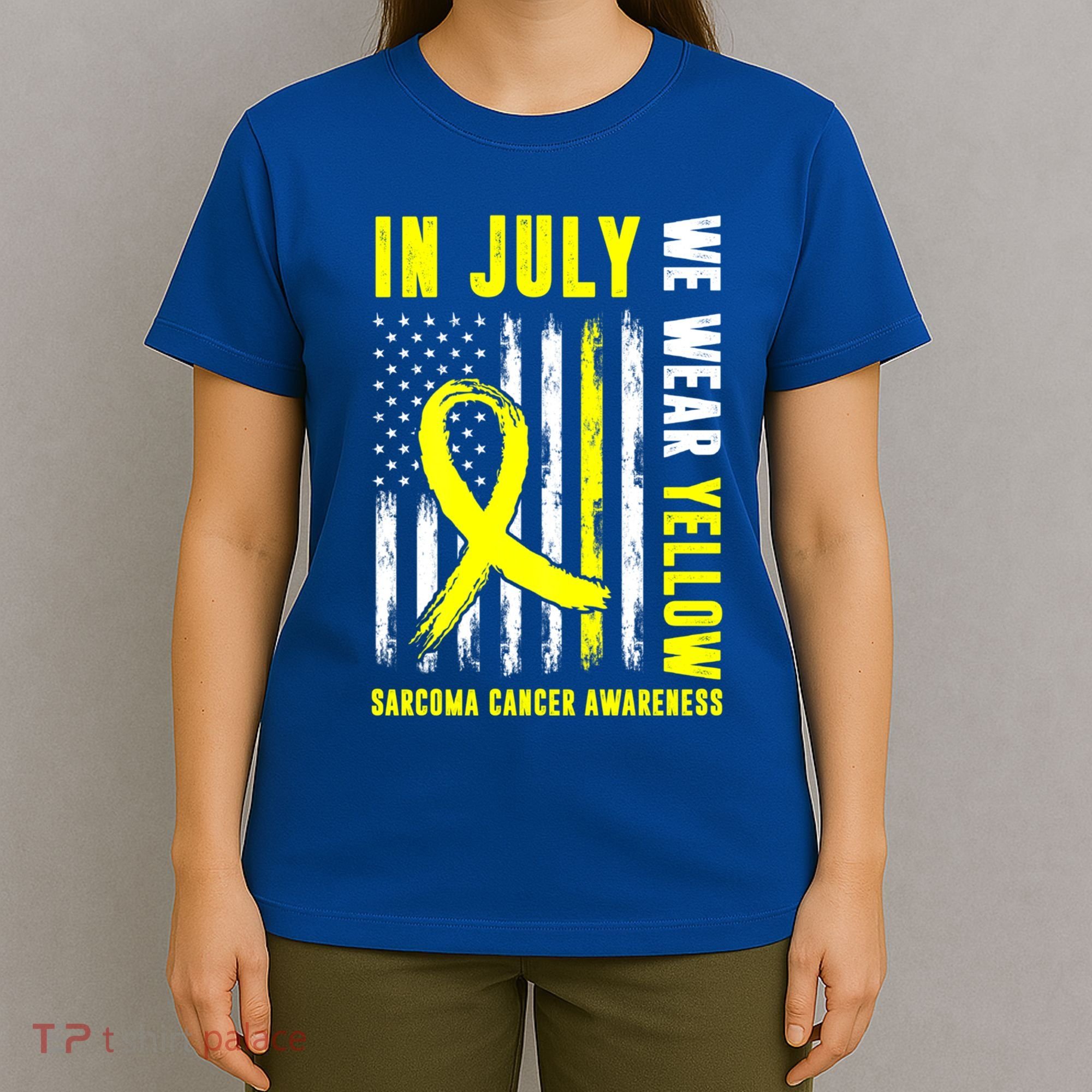 In July We Wear Yellow Sarcoma Cancer Awareness Us Flag Cute Gift T-Shirt
