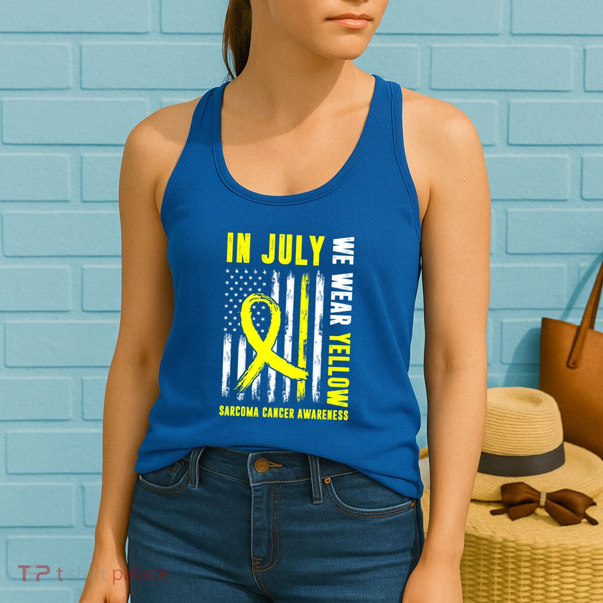 In July We Wear Yellow Sarcoma Cancer Awareness Us Flag Cute Gift Women's Tank Top