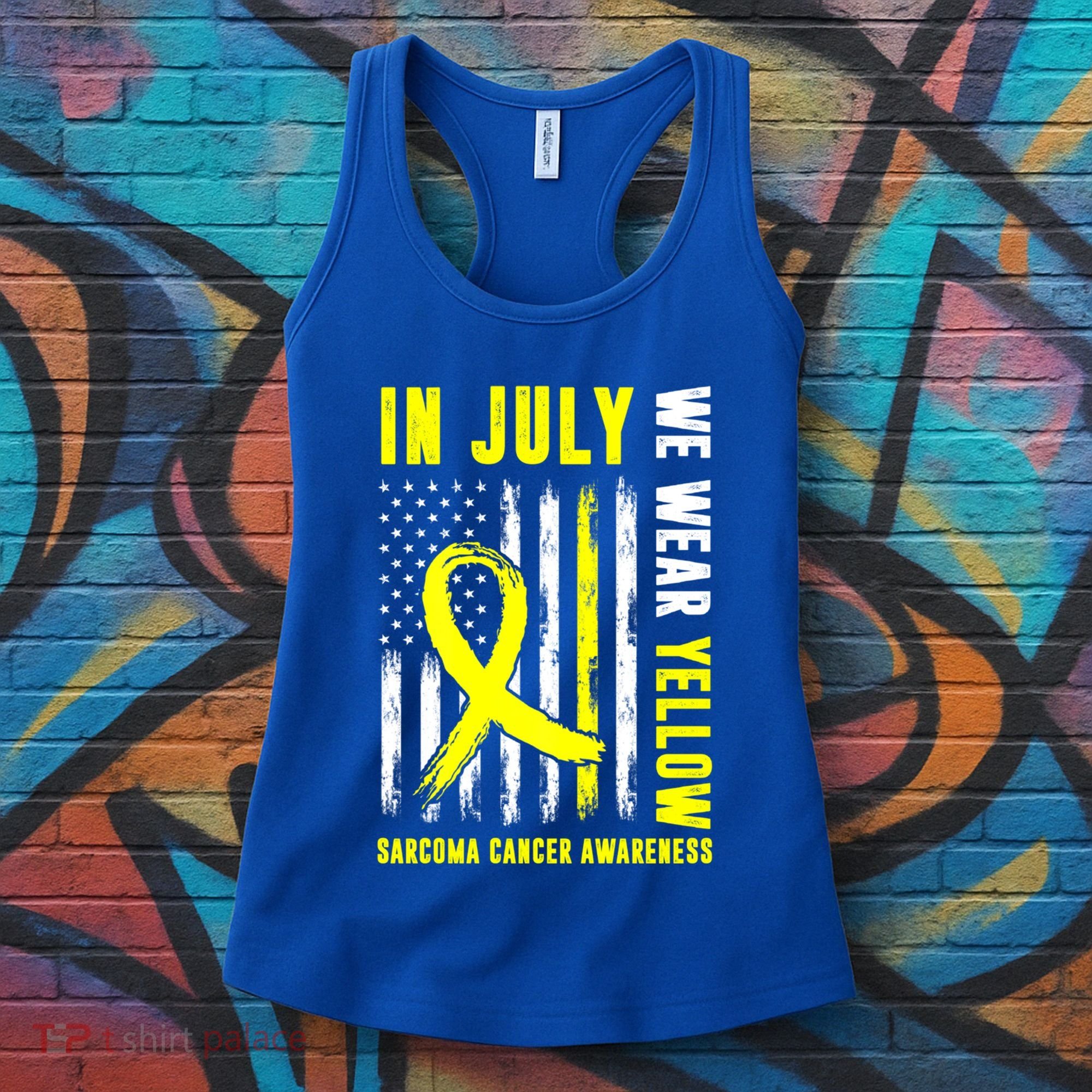 In July We Wear Yellow Sarcoma Cancer Awareness Us Flag Cute Gift Women's Tank Top