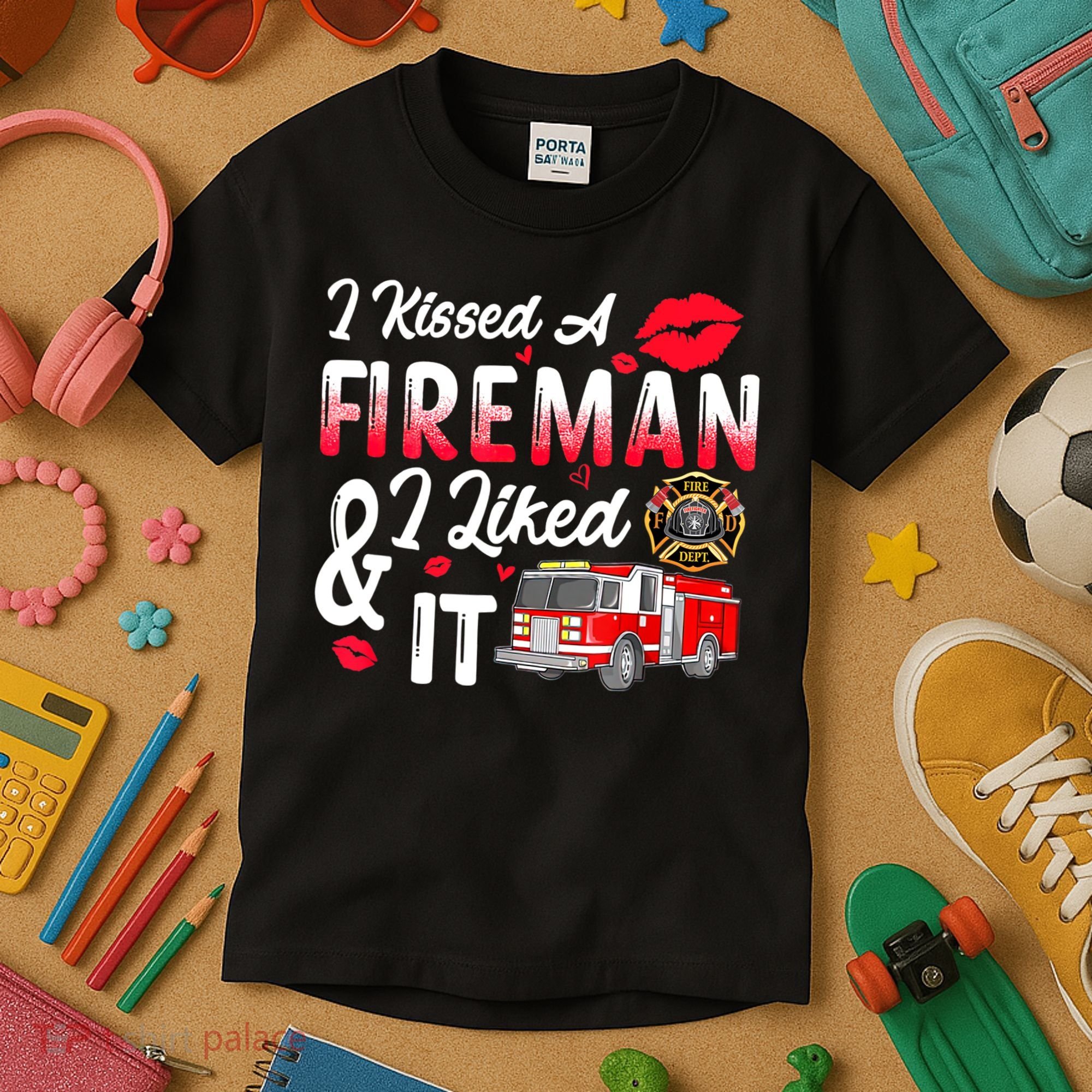 I Kissed A Fireman I Liked It Firefighter Valentine Days Kids T-Shirt