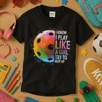 I Know I Play Like A Girl Funny Pickleball Player Kids T-Shirt thumb 3