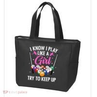 i know i play like a girl Billiards try to keep up Tote Bag thumb 3
