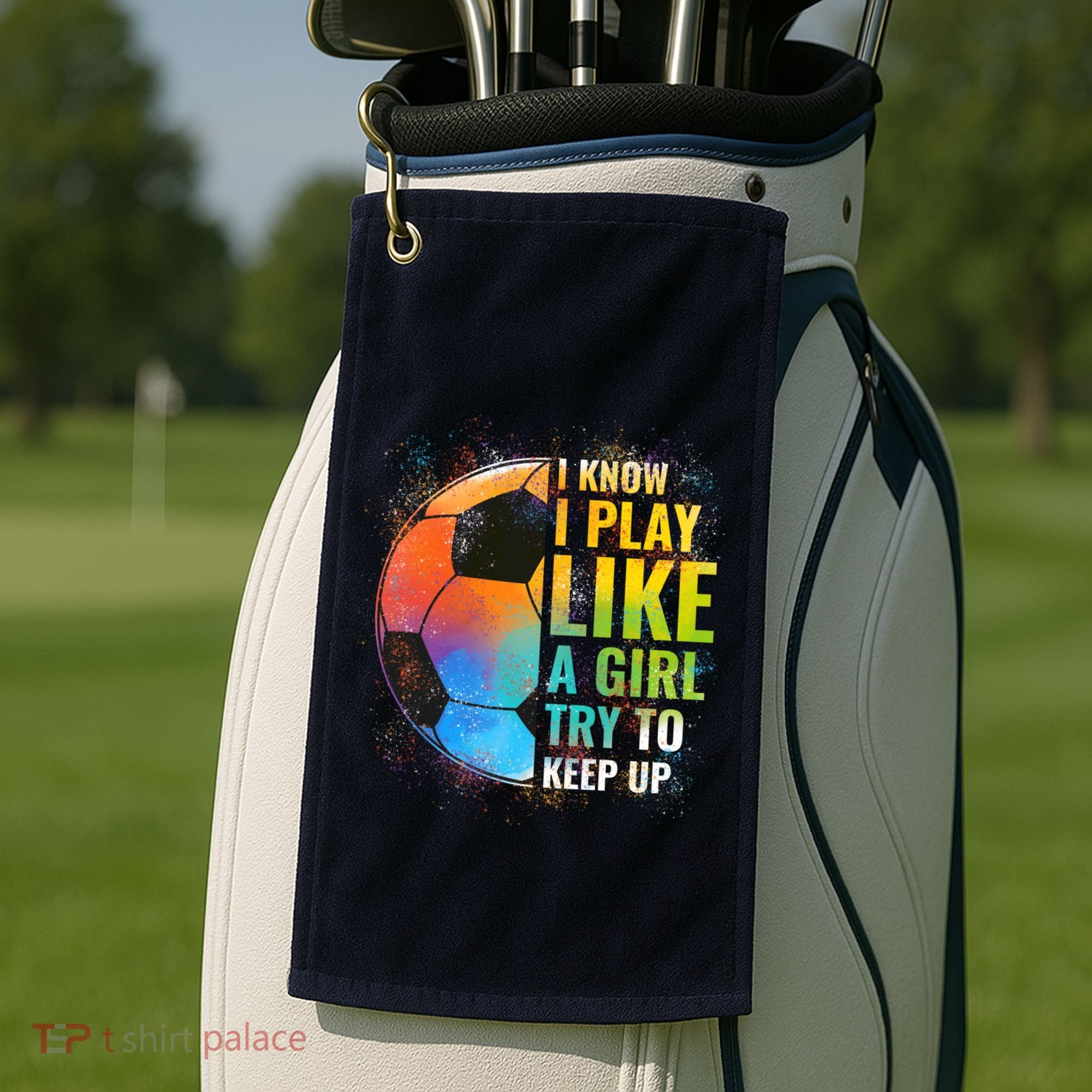I know I Play Like A Girl Try To Keep Up, Funny Soccer Golf Towel
