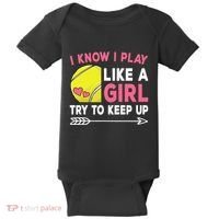 I Know I Play Like A Girl Try To Keep Up Cute Tennis Baby Bodysuit thumb 0