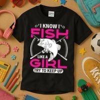 I know I fish like a girl try to keep up funny fishing Kids T-Shirt thumb 3