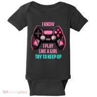 I Know I Play Like A Girl Funny Gamer Baby Bodysuit thumb 0