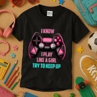I Know I Play Like A Girl Funny Gamer Kids T-Shirt thumb 3