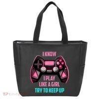 I Know I Play Like A Girl Funny Gamer Tote Bag thumb 0