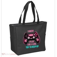 I Know I Play Like A Girl Funny Gamer Tote Bag thumb 2