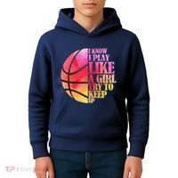 I Know I Play Like A Girl Try To Keep Up Basketball Kids Hoodie thumb 4