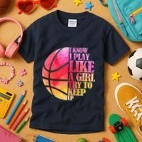 I Know I Play Like A Girl Try To Keep Up Basketball Kids T-Shirt thumb 3