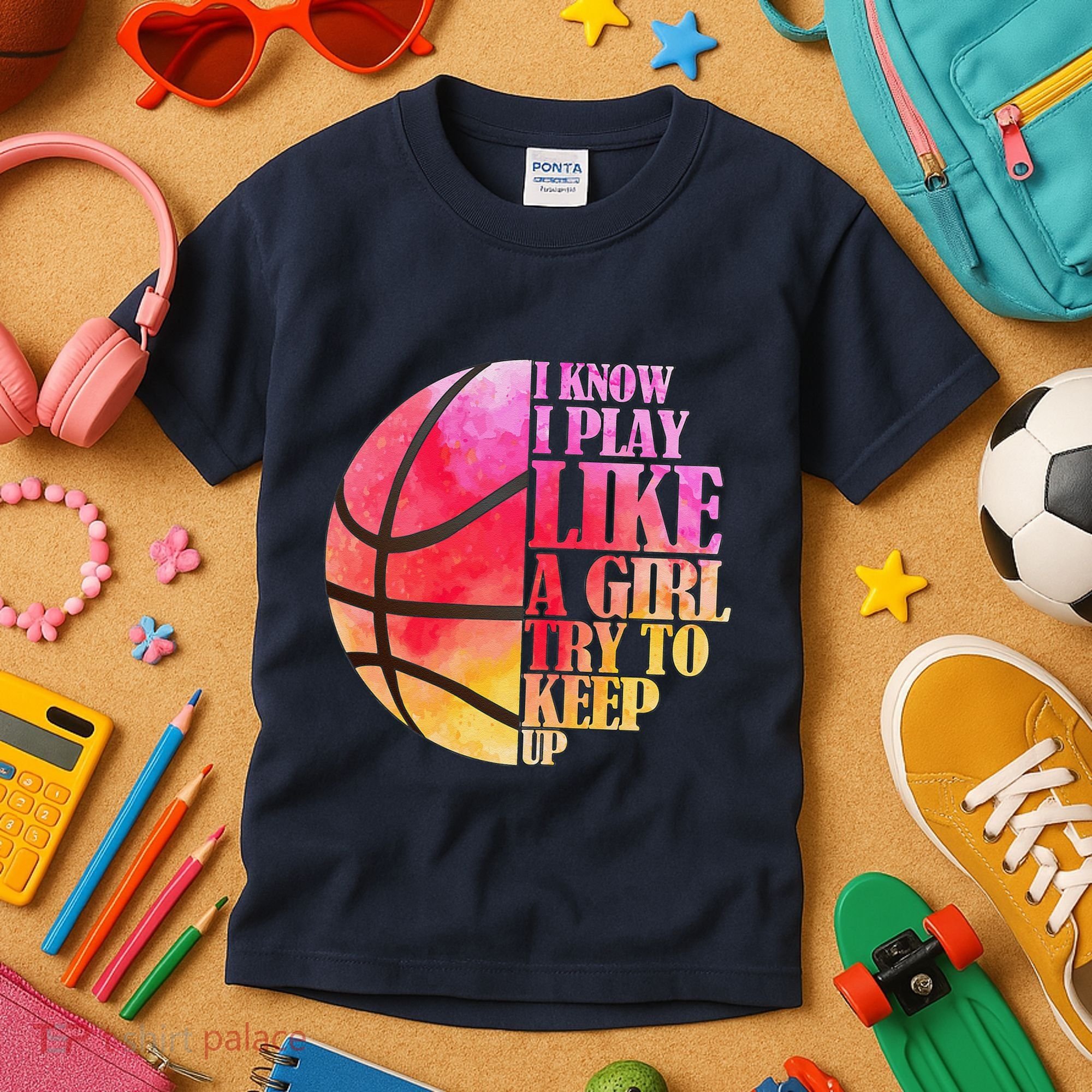 I Know I Play Like A Girl Try To Keep Up Basketball Kids T-Shirt