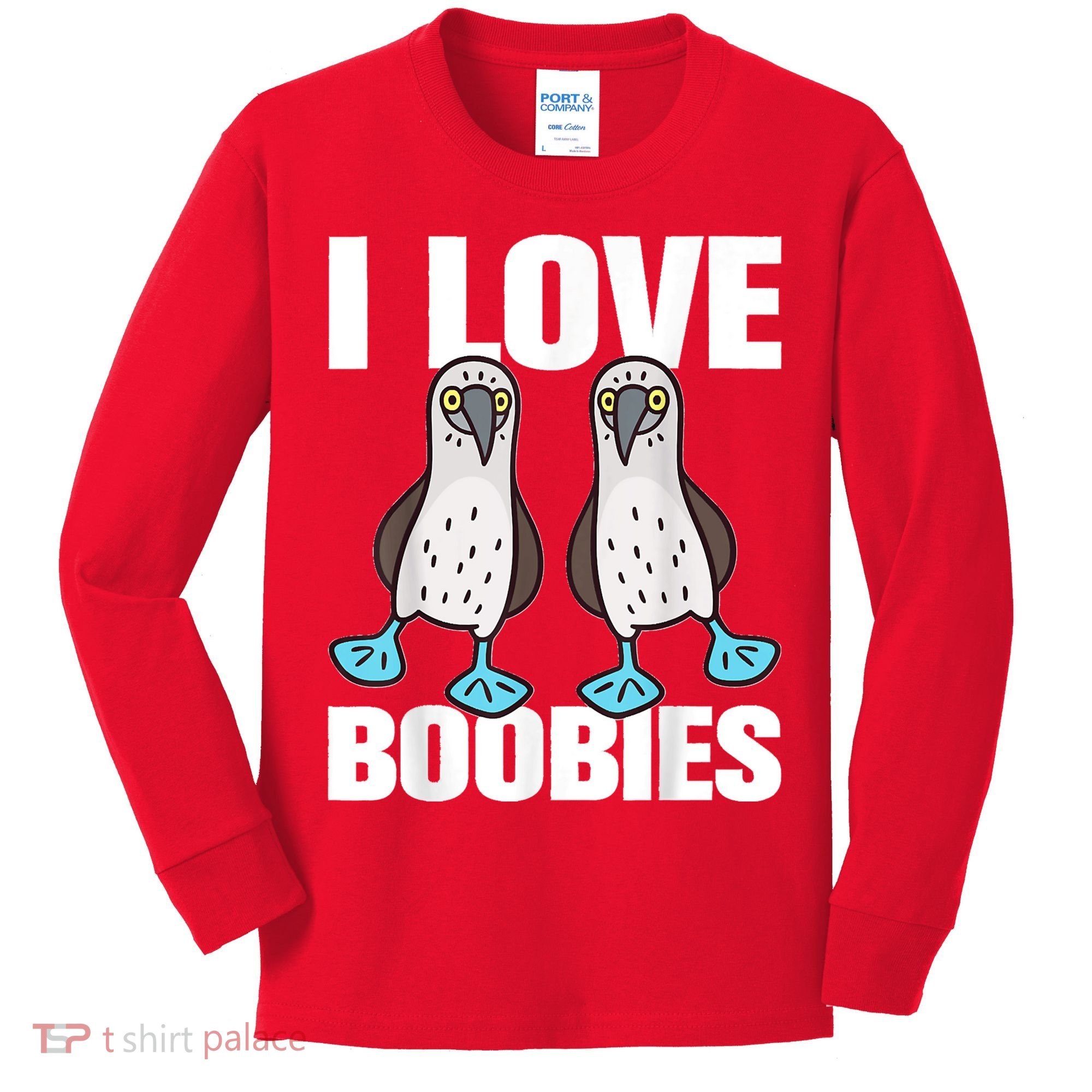 I Love Boobies Blue Footed Boobie Bird Funny Gift For Birdwatchers Kids Long Sleeve Shirt