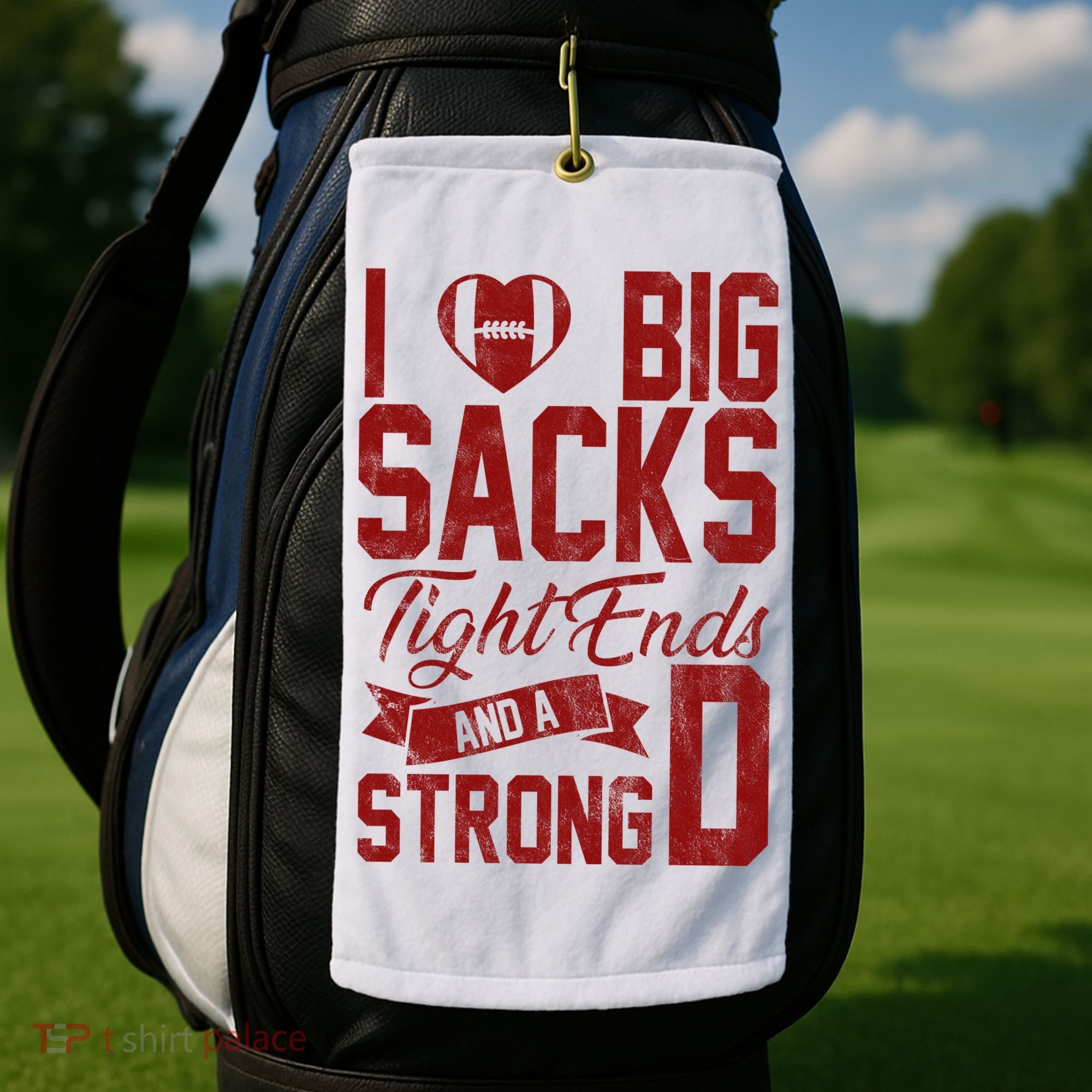 I Love Big Sacks Tight End And A Strong D Funny Sport Golf Towel