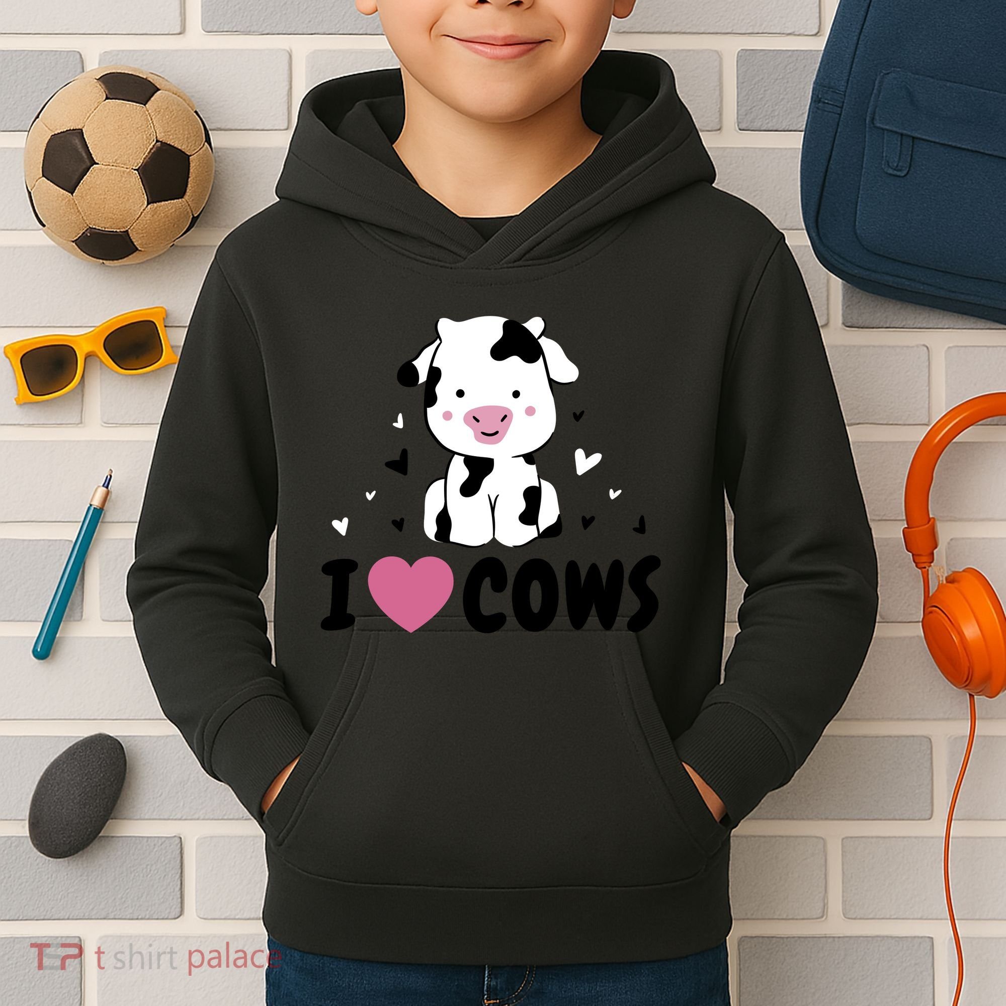 I Love Cows Heart Kids Hoodie