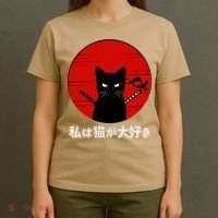I Love Cats Japanese Sunset Samurai Cat Kitten Lover T-Shirt thumb 4