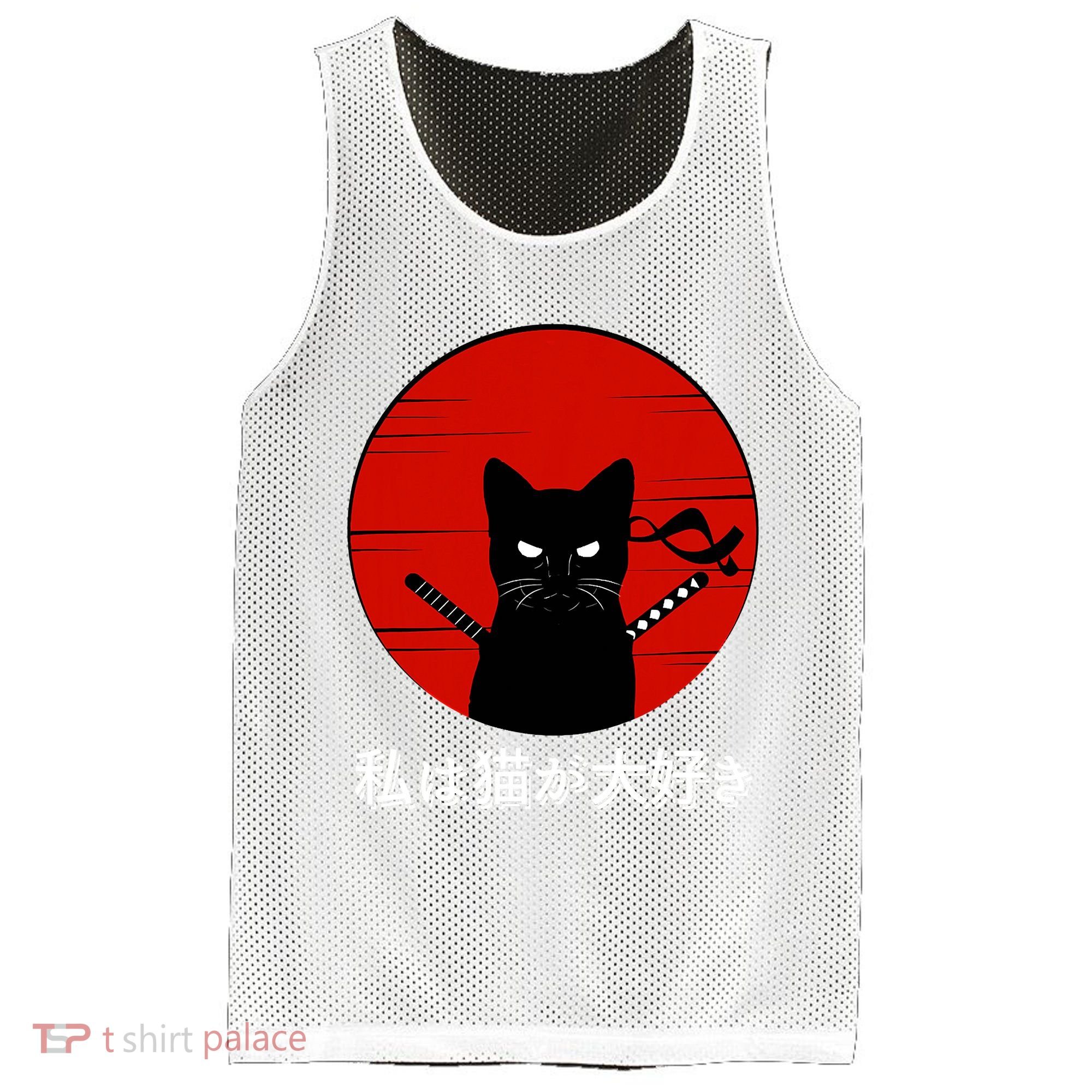 I Love Cats Japanese Sunset Samurai Cat Kitten Lover Mesh Reversible Basketball Jersey Tank