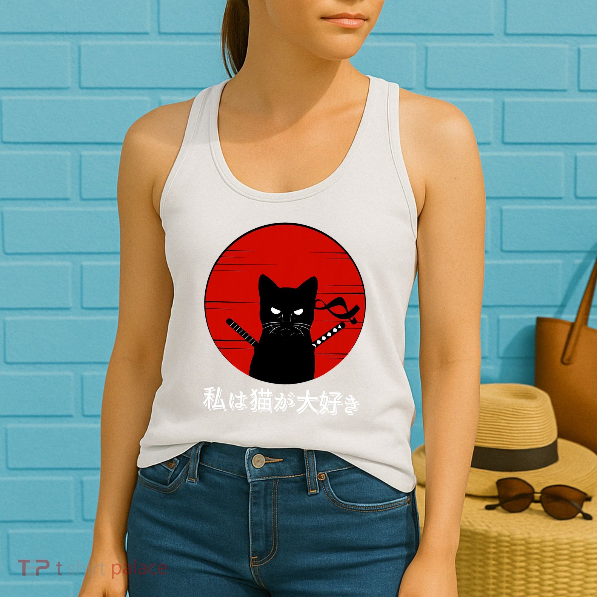 I Love Cats Japanese Sunset Samurai Cat Kitten Lover Women's Tank Top