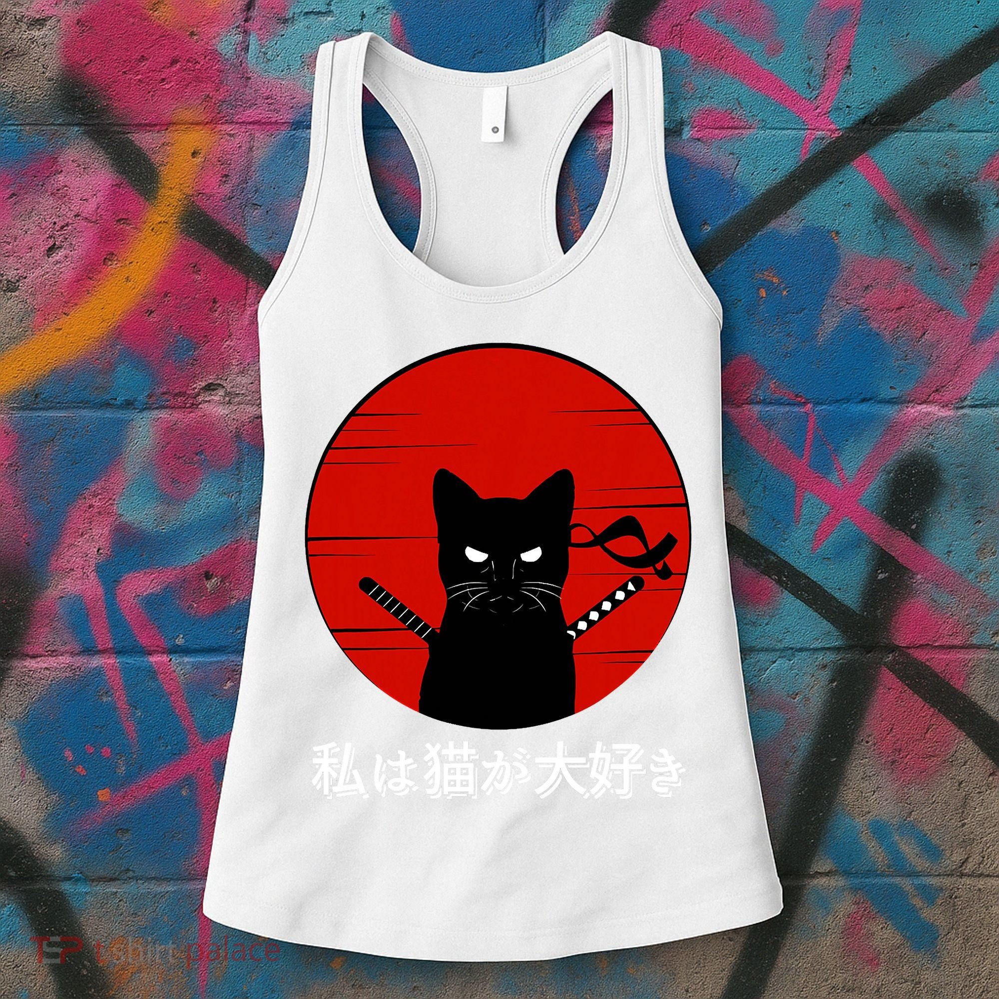 I Love Cats Japanese Sunset Samurai Cat Kitten Lover Women's Tank Top