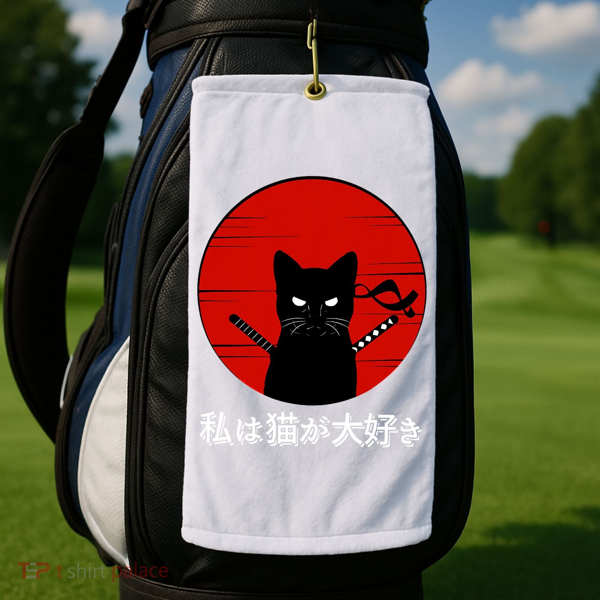 I Love Cats Japanese Sunset Samurai Cat Kitten Lover Golf Towel