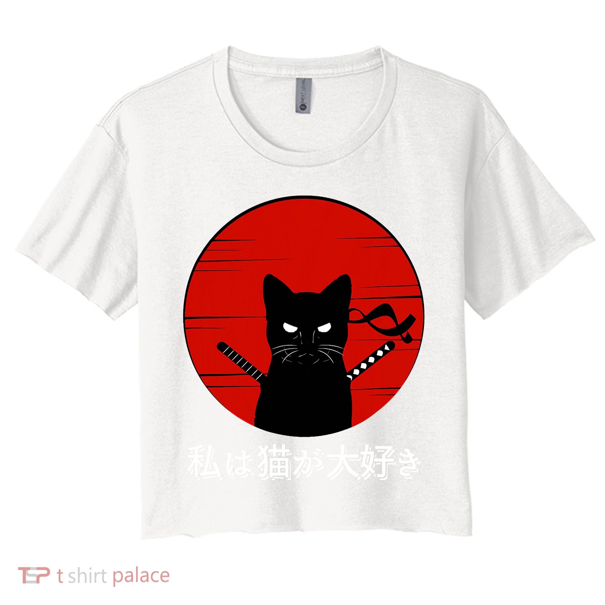 I Love Cats Japanese Sunset Samurai Cat Kitten Lover Women's Crop Top Tee