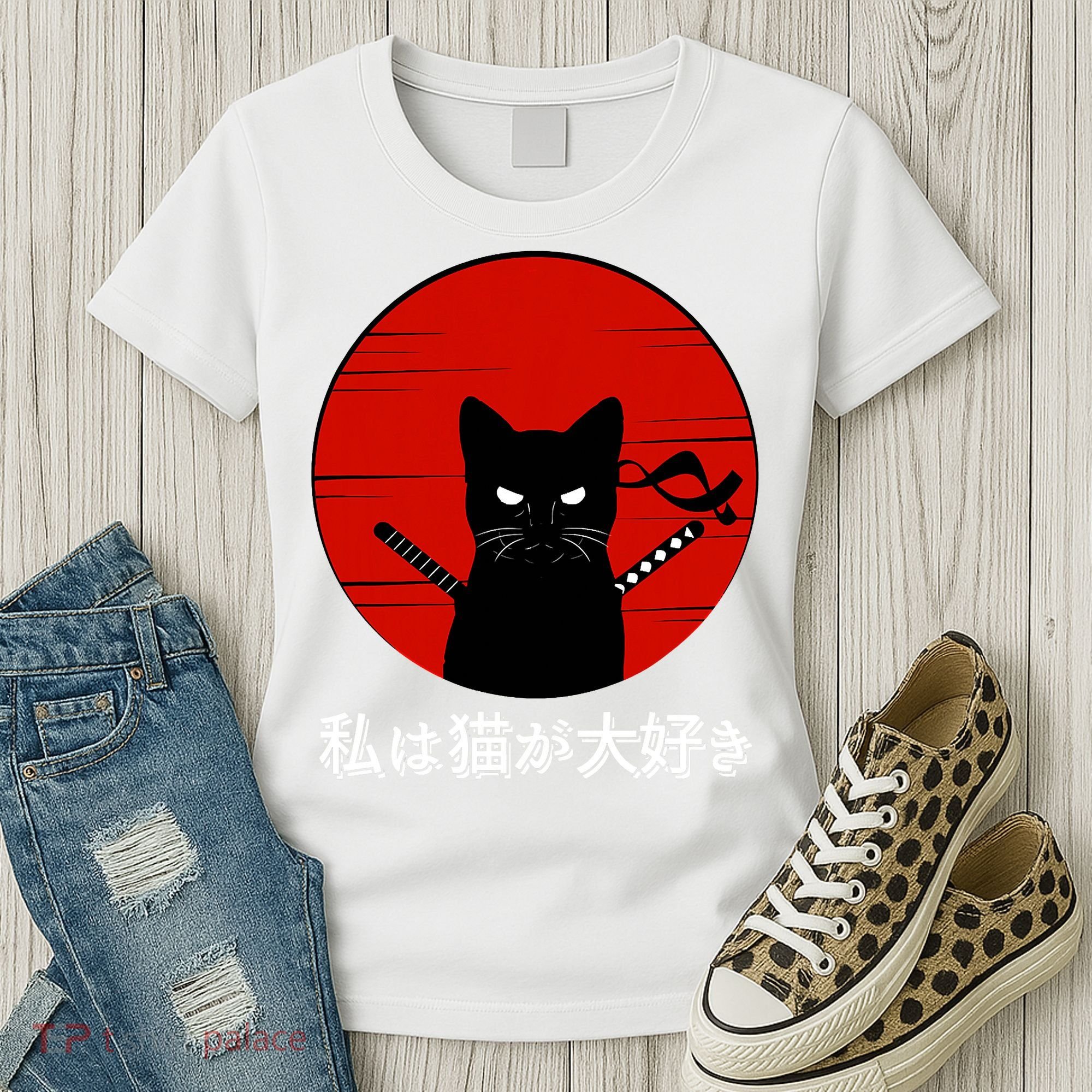 I Love Cats Japanese Sunset Samurai Cat Kitten Lover Women's T-Shirt