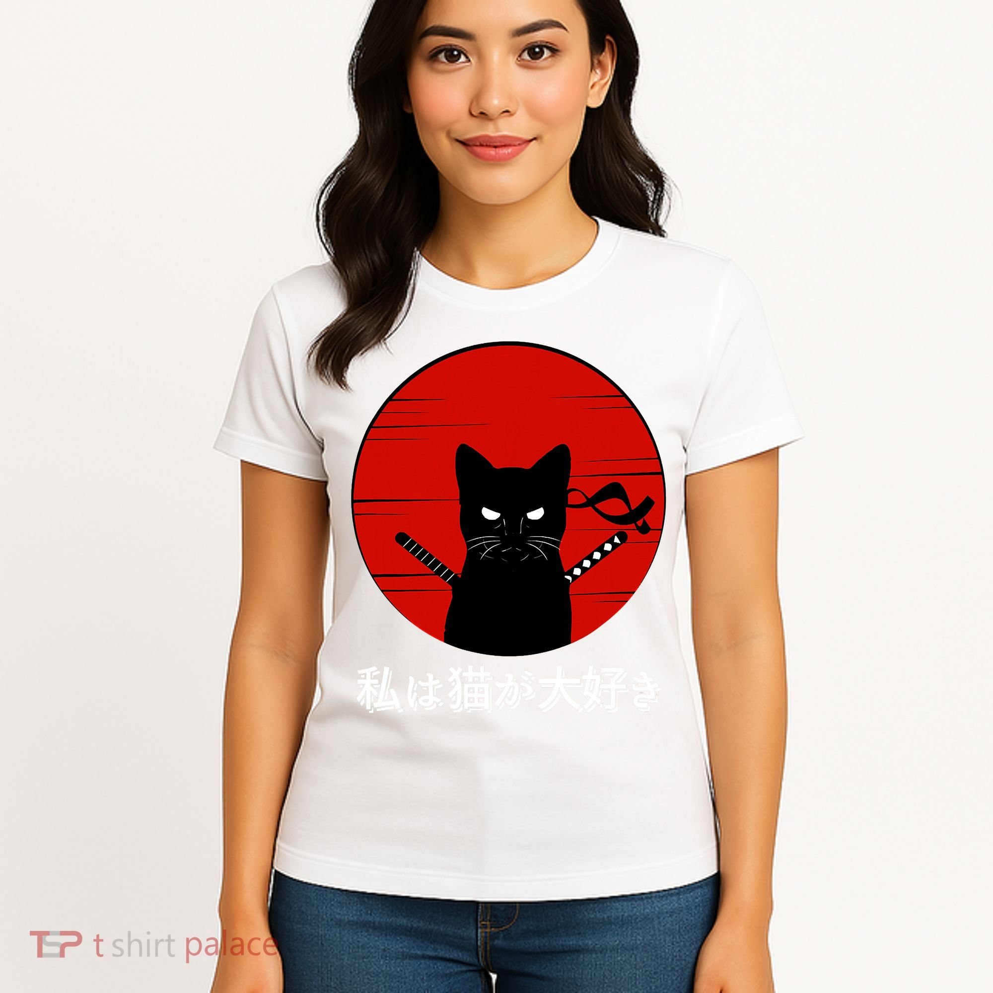 I Love Cats Japanese Sunset Samurai Cat Kitten Lover Women's T-Shirt