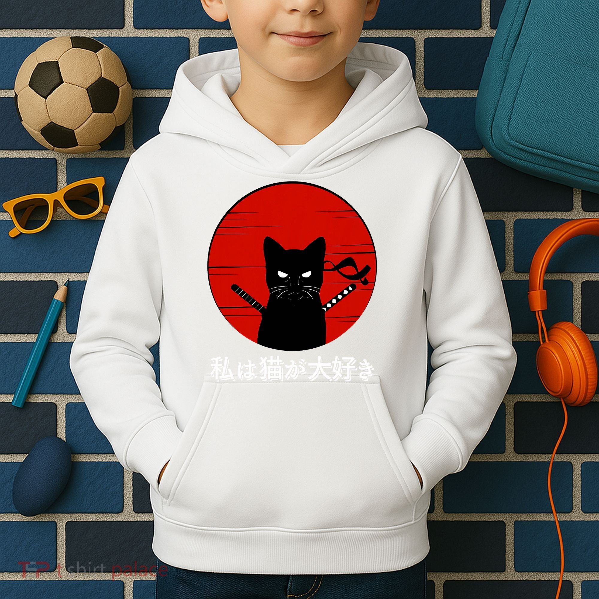 I Love Cats Japanese Sunset Samurai Cat Kitten Lover Kids Hoodie