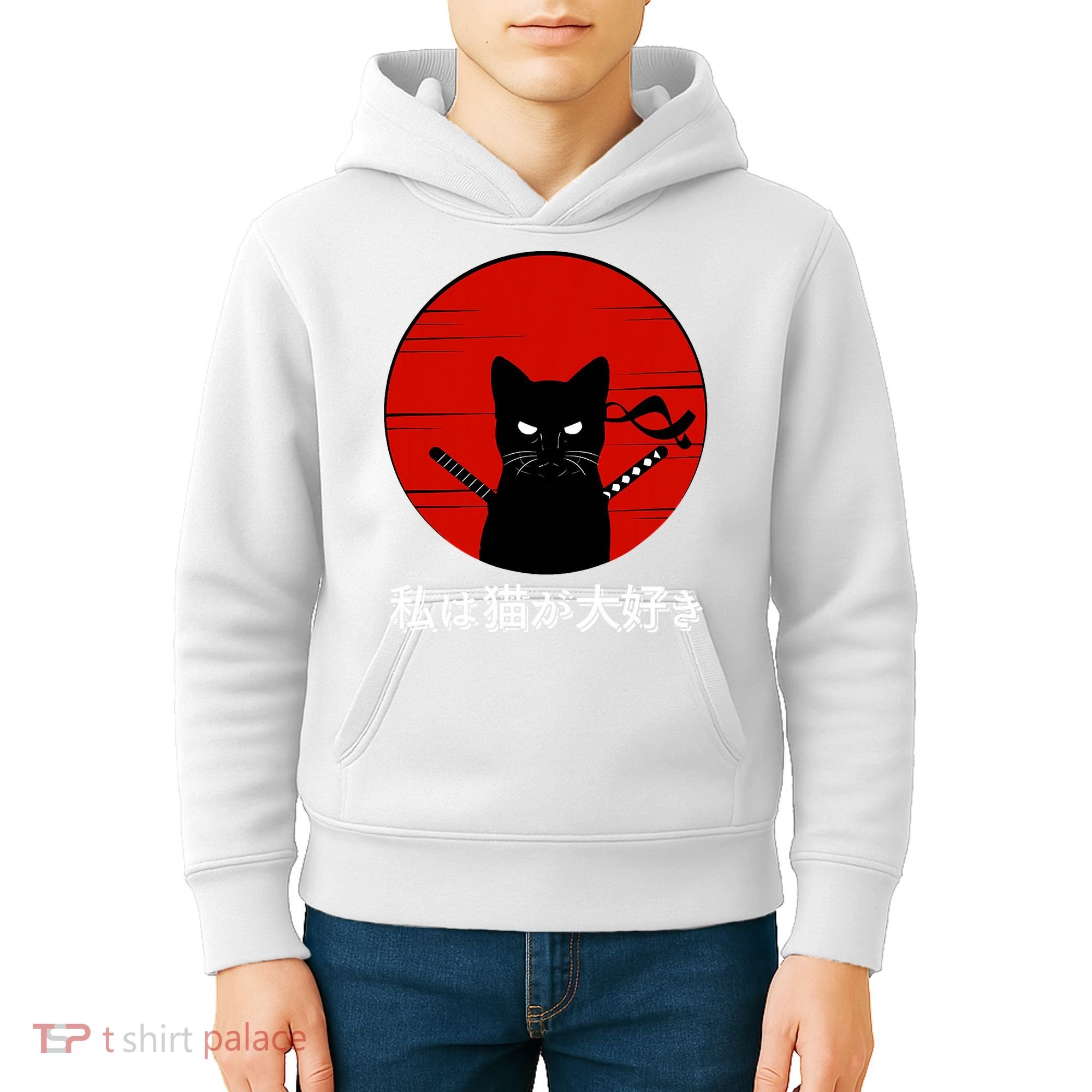 I Love Cats Japanese Sunset Samurai Cat Kitten Lover Kids Hoodie