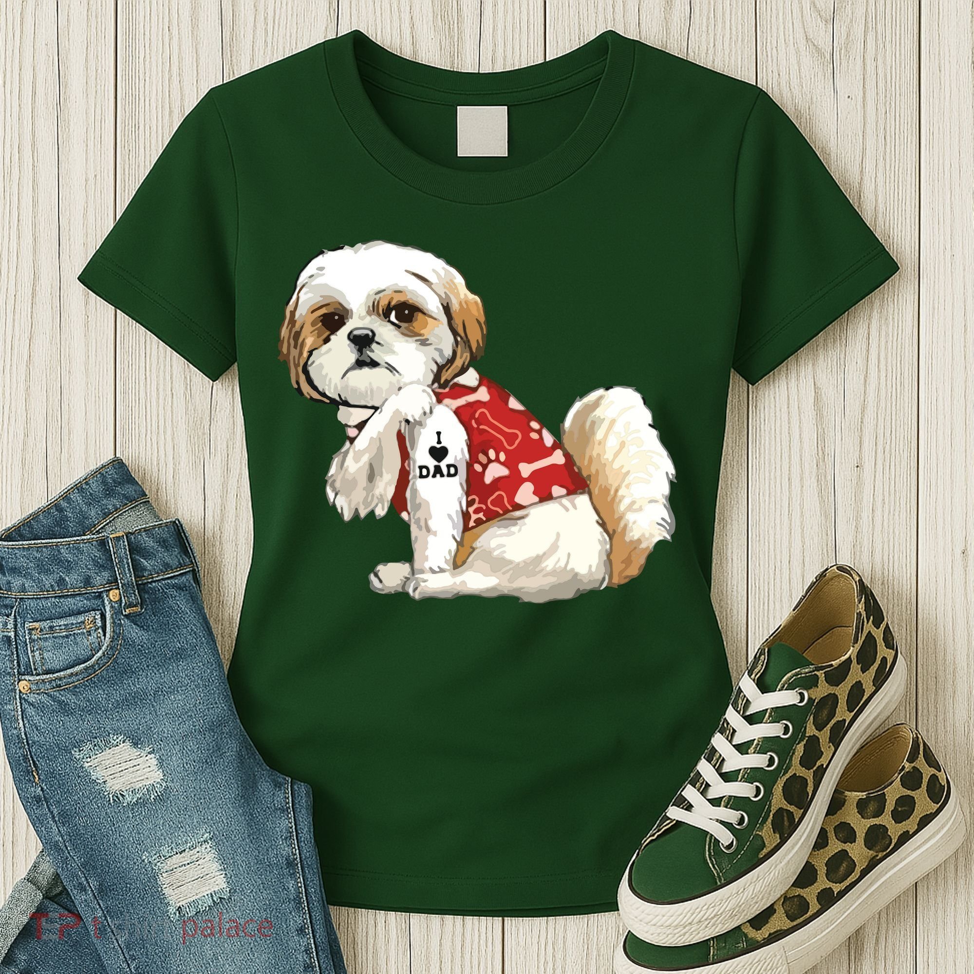 I Love Dad Tattoo Shih Tzu Dad Funny Fathers Day Gift Women's T-Shirt