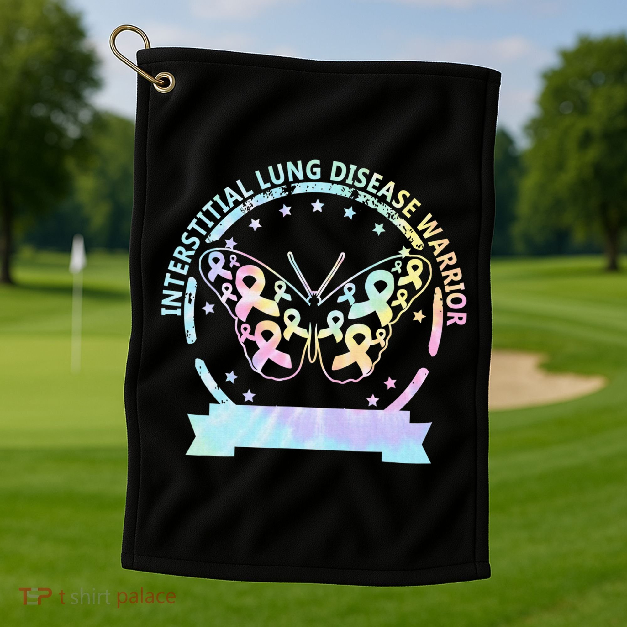 Interstitial Lung Disease betterfly ribbon awareness Tie Dye Golf Towel