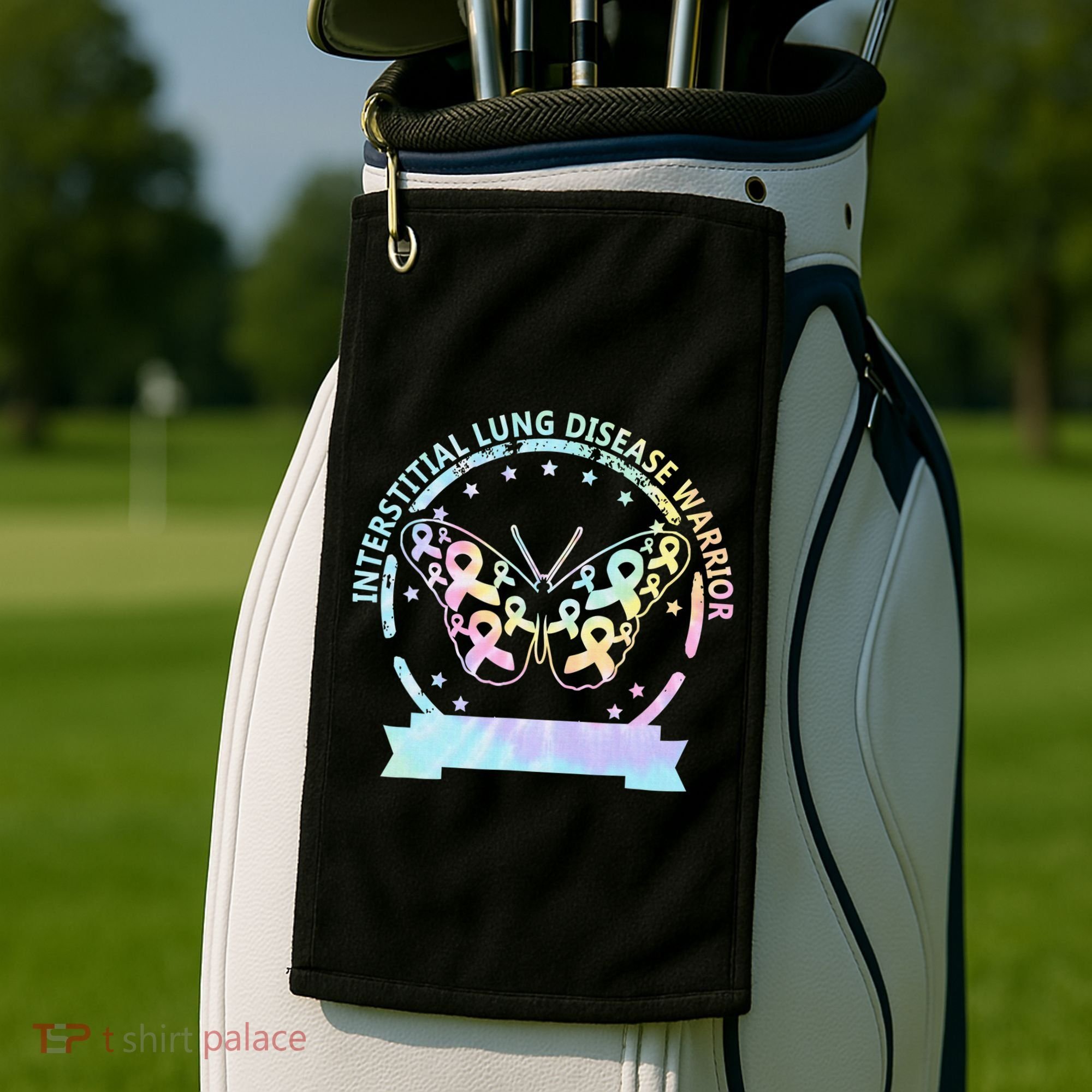 Interstitial Lung Disease betterfly ribbon awareness Tie Dye Golf Towel