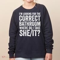 I’M Looking For The Correct Bathroom Where Do I Take A She/It? Funny Sarcastic Women's Sweatshirt thumb 0