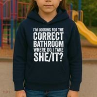 I’M Looking For The Correct Bathroom Where Do I Take A She/It? Funny Sarcastic Kids Hoodie thumb 3