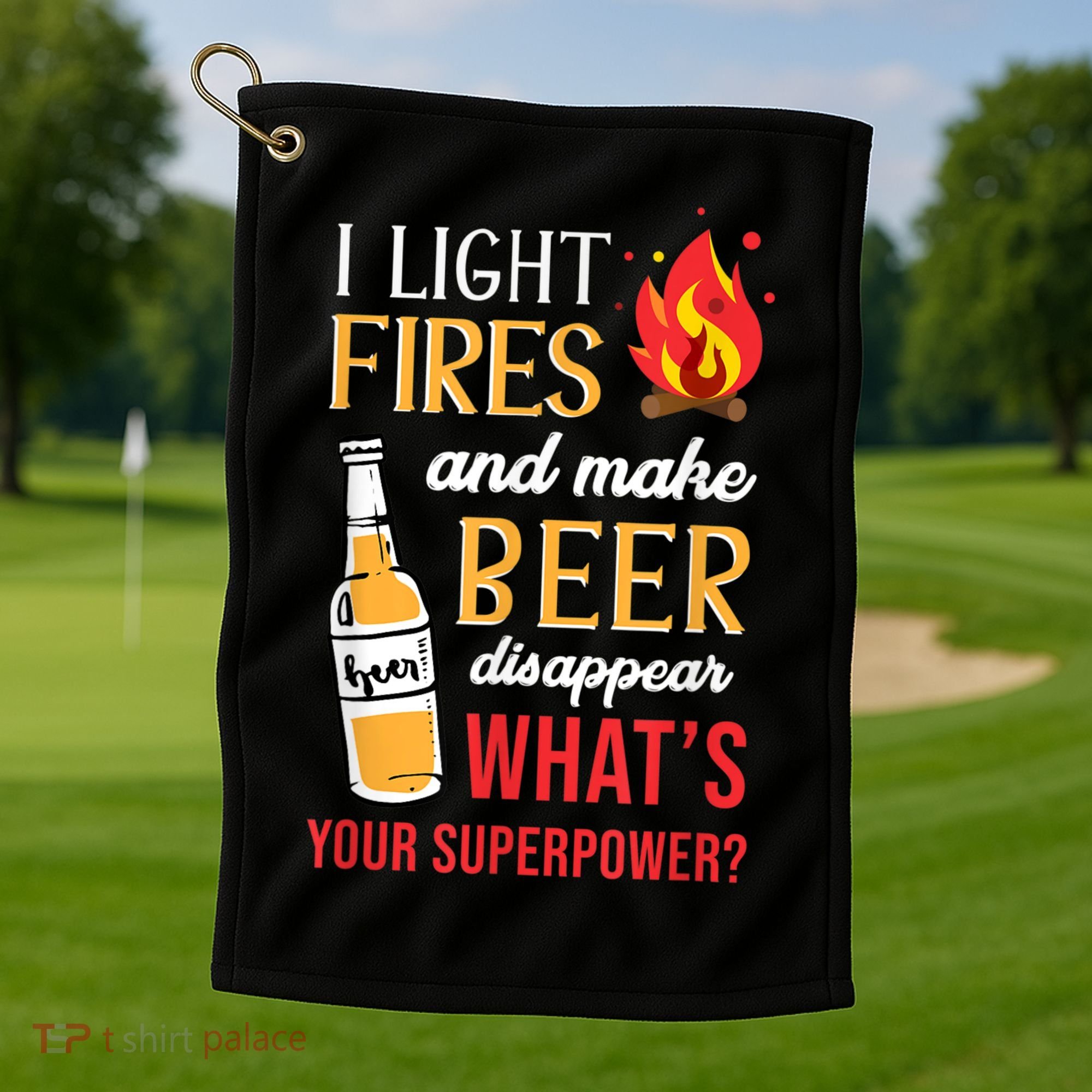 I Light Fires And Make Beer Disappear Funny Camping Golf Towel