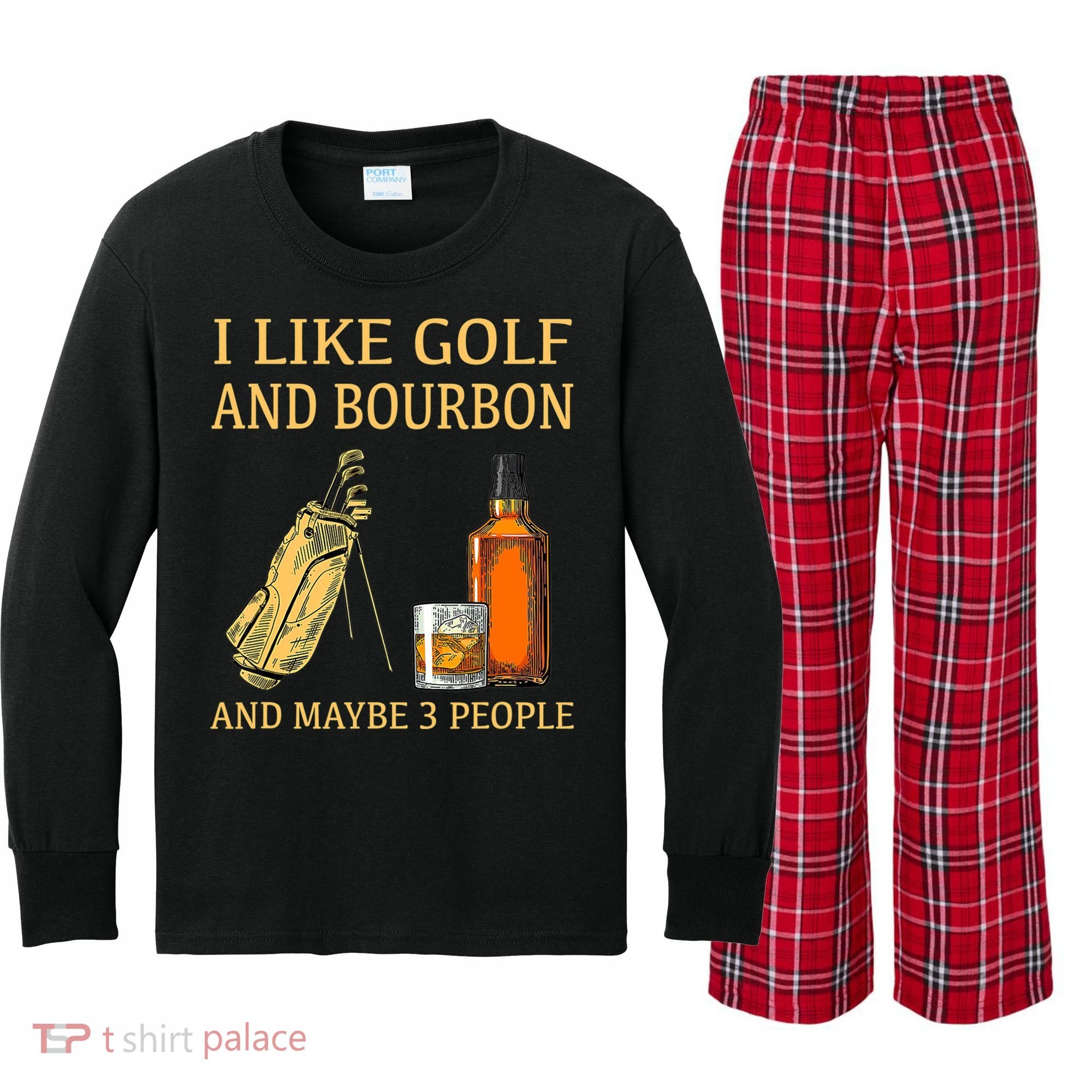 I Like Golf And Bourbon And Maybe 3 People Kids Long Sleeve Plaid Pajama Set