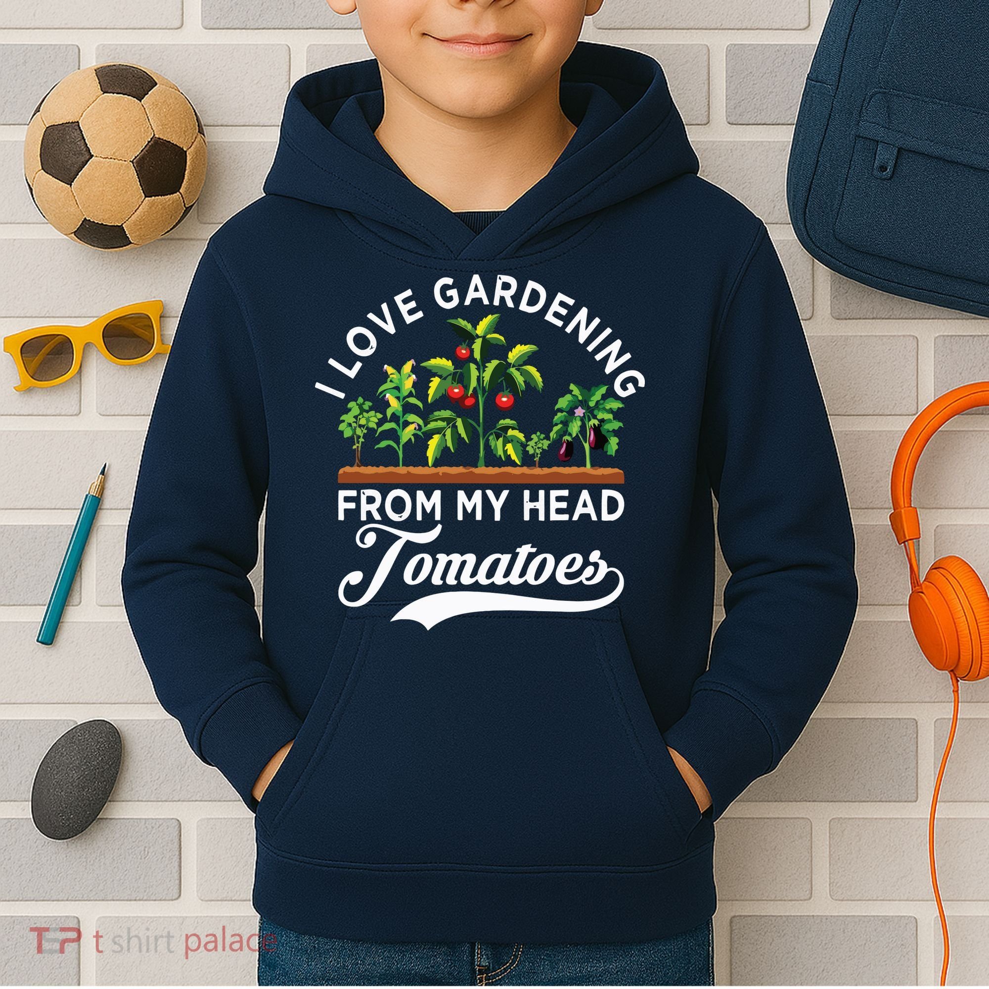 I Love Gardening From My Head Tomatoes Funny Gardener Kids Hoodie
