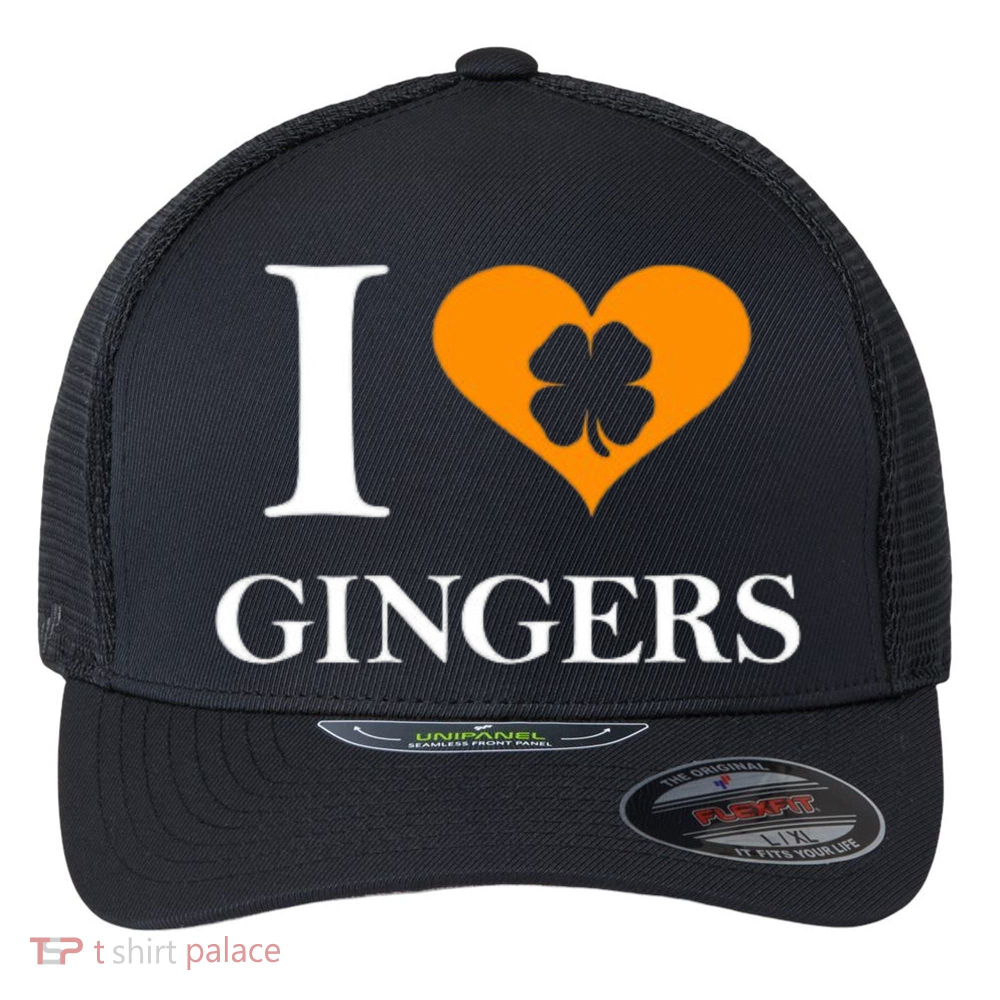 I Love Gingers Heart Shamrock Redhead Lover Flexfit Unipanel Trucker Cap