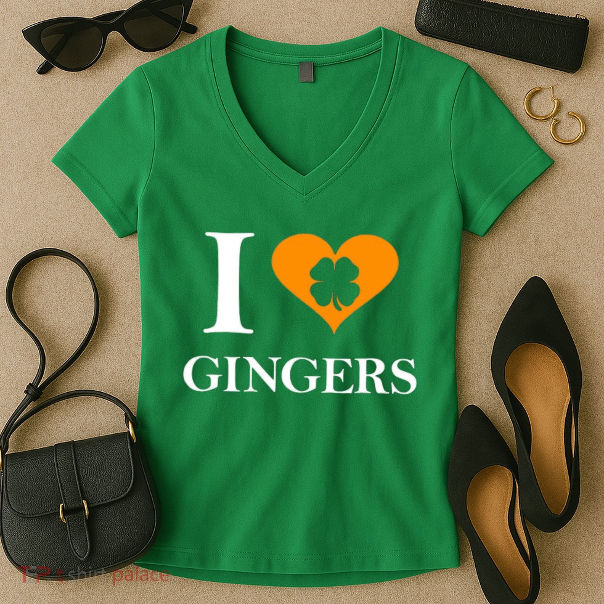 I Love Gingers Heart Shamrock Redhead Lover Women's V-Neck T-Shirt
