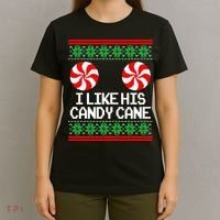 I Like His Candy Cane Christmas Sweater Couples Matching T-Shirt thumb 4