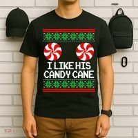 I Like His Candy Cane Christmas Sweater Couples Matching T-Shirt thumb 6