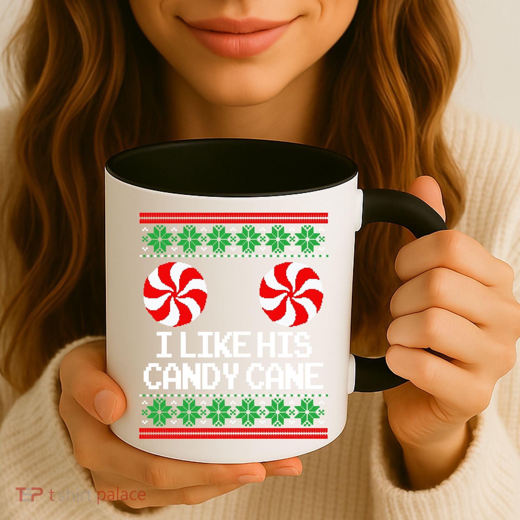 I Like His Candy Cane Christmas Sweater Couples Matching Coffee Mug