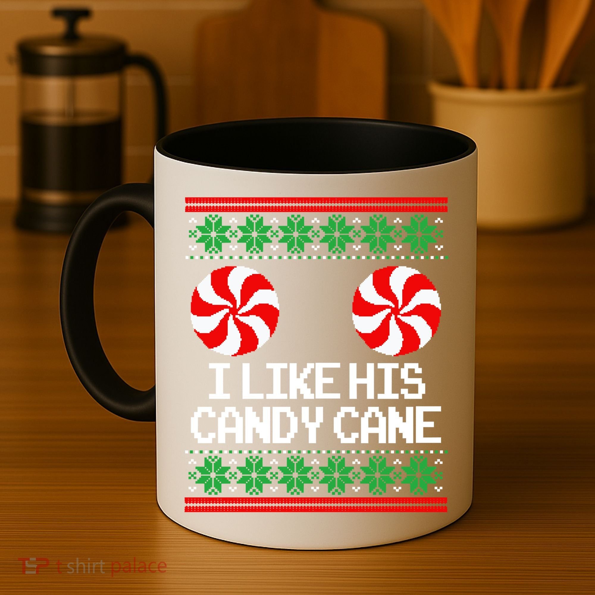 I Like His Candy Cane Christmas Sweater Couples Matching Coffee Mug