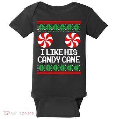 I Like His Candy Cane Christmas Sweater Couples Matching Baby Bodysuit