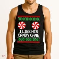 I Like His Candy Cane Christmas Sweater Couples Matching Tank Top thumb 3