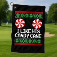 I Like His Candy Cane Christmas Sweater Couples Matching Golf Towel thumb 1