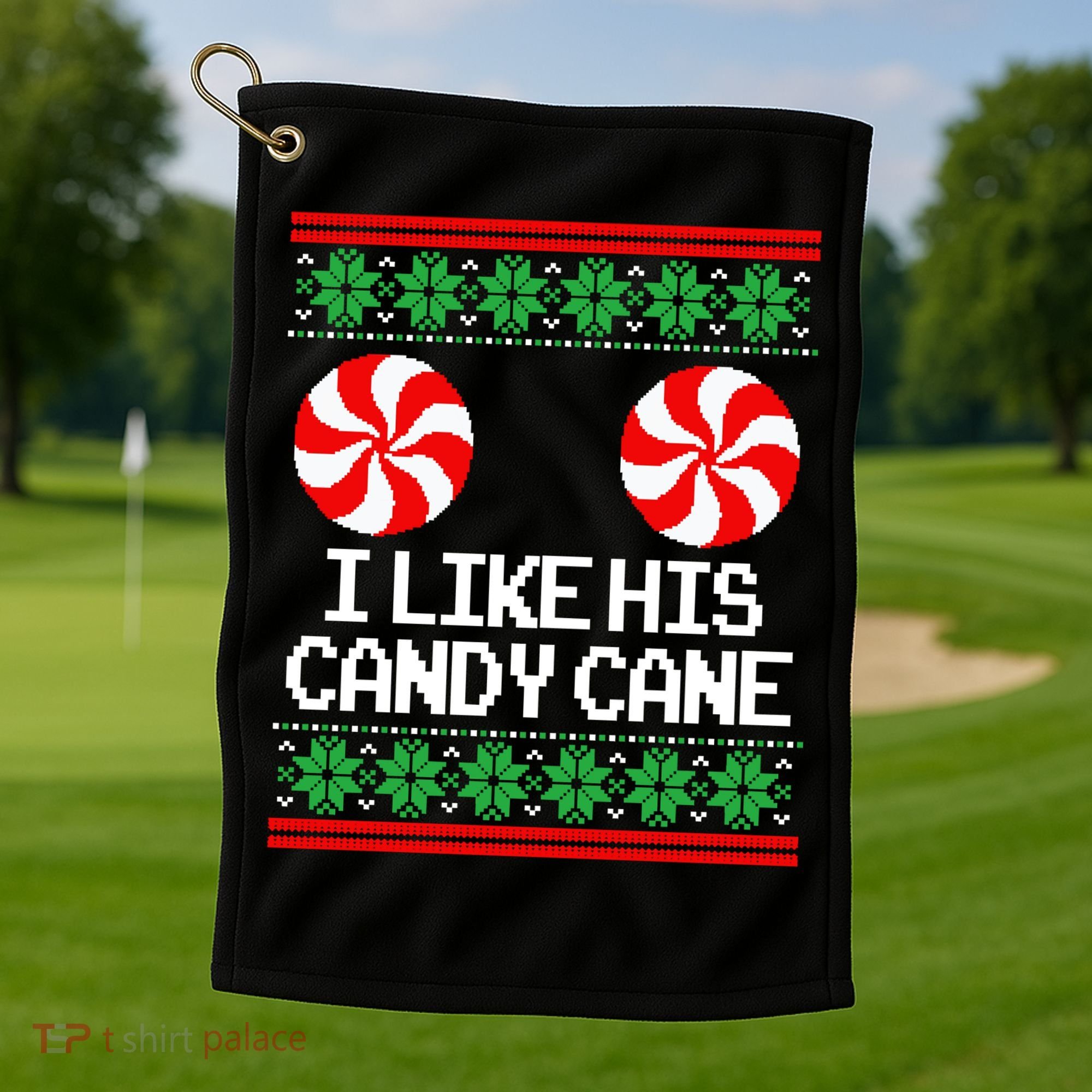 I Like His Candy Cane Christmas Sweater Couples Matching Golf Towel