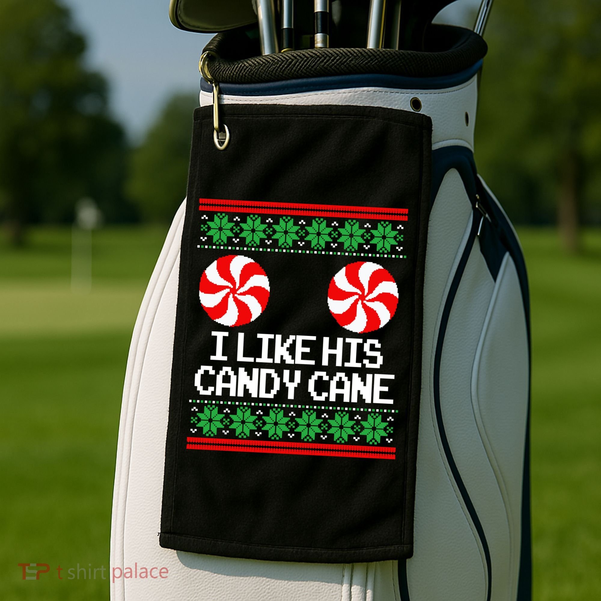 I Like His Candy Cane Christmas Sweater Couples Matching Golf Towel