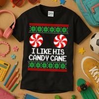 I Like His Candy Cane Christmas Sweater Couples Matching Kids T-Shirt thumb 3