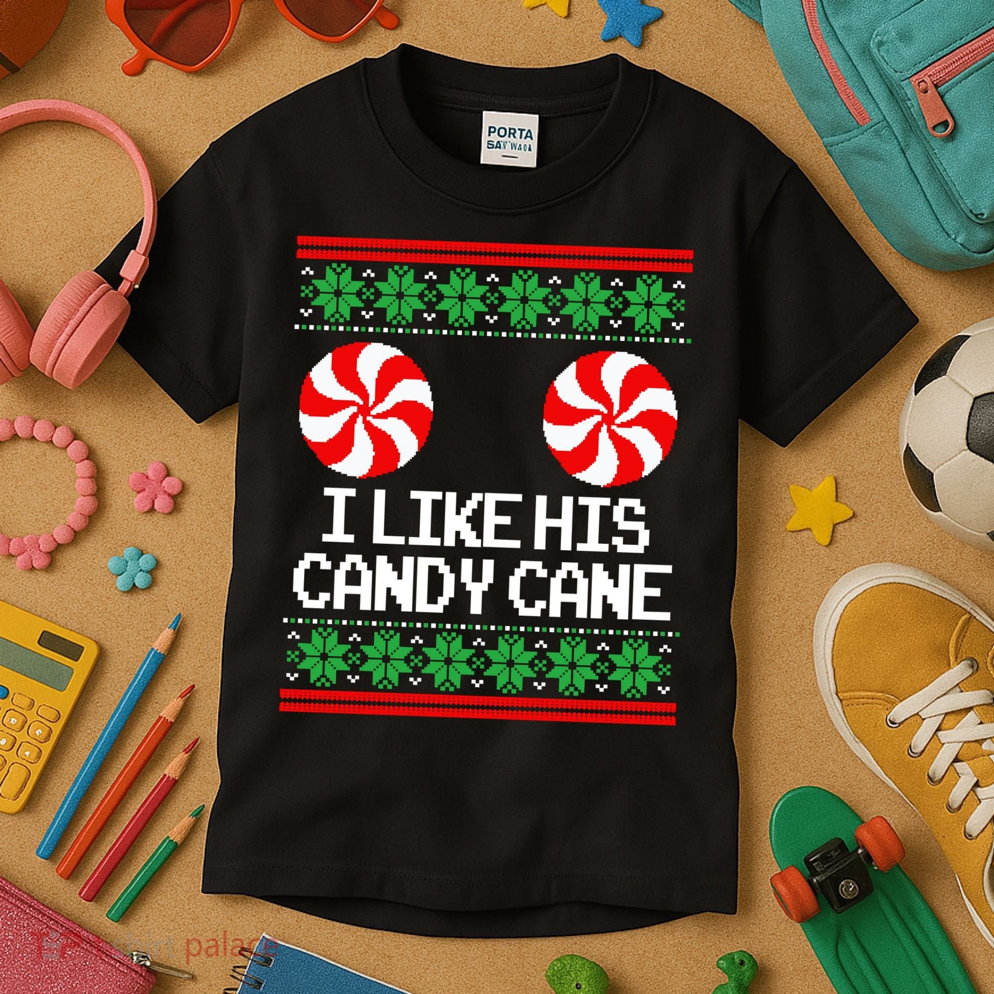 I Like His Candy Cane Christmas Sweater Couples Matching Kids T-Shirt